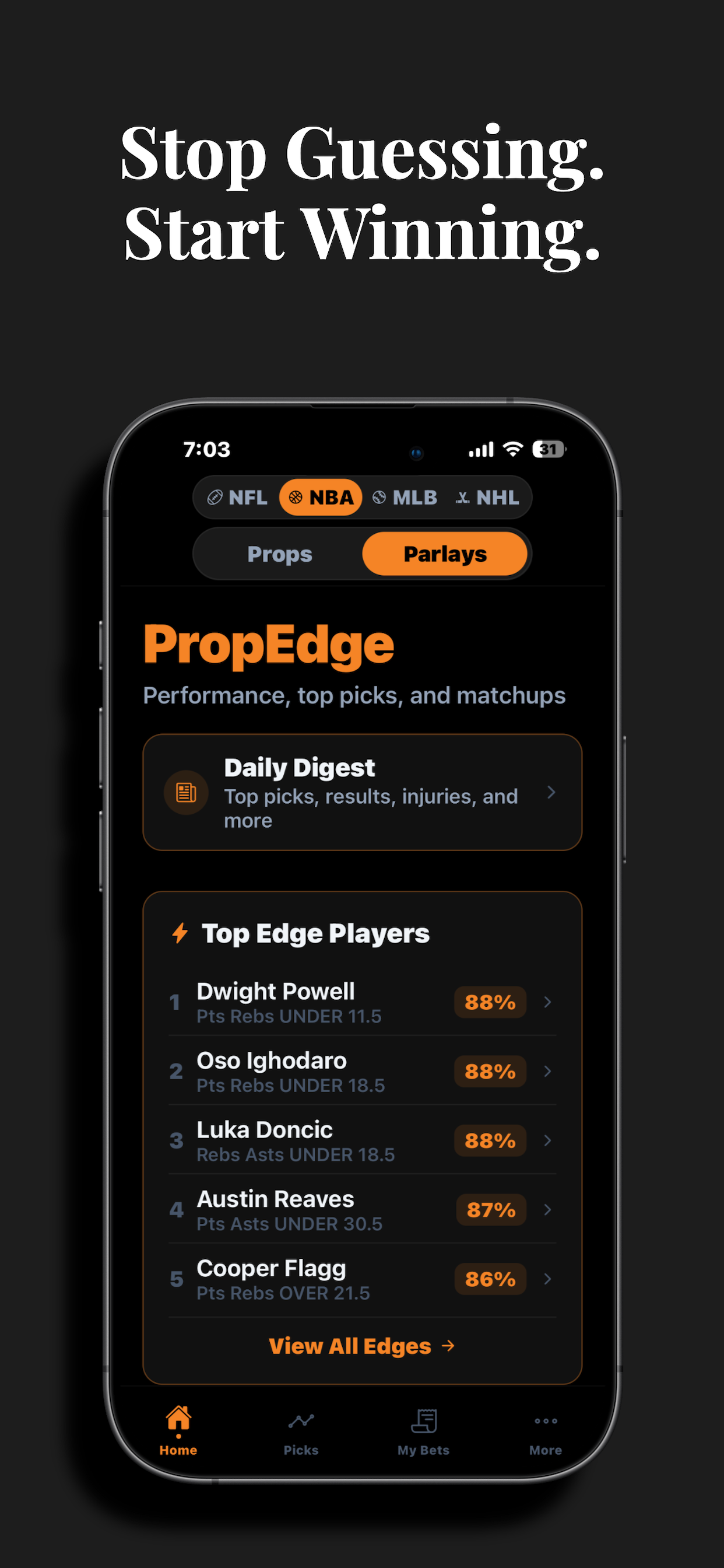 PropEdge AI-ranked top player prop picks for NFL, NBA, MLB, NHL